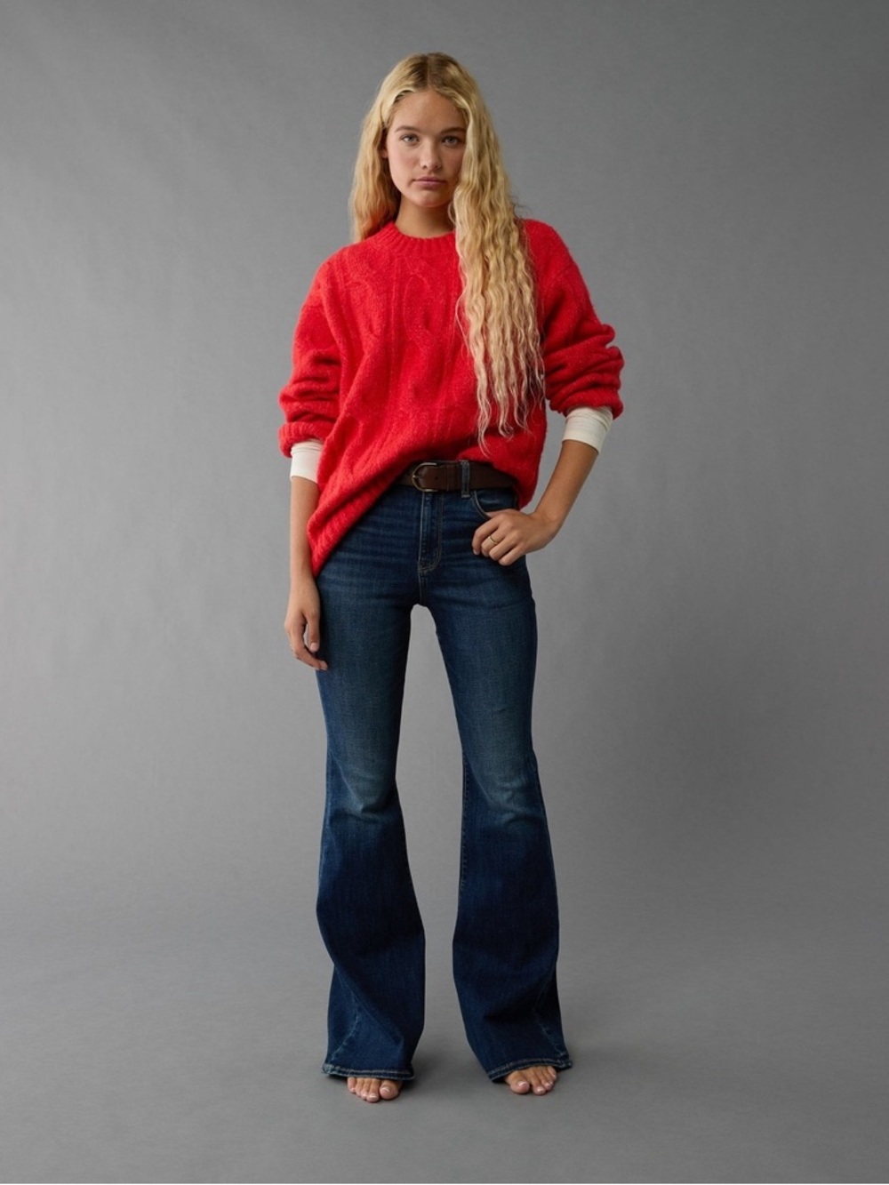 American Eagle Whoa So Soft Cable Knit Sweater Red Crewneck Cozy Size Large
